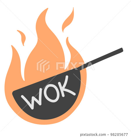 Wok frying pan with flame. icon in flat doodle style. Vector illustration. Wok, asian food, logo for cafe 98285677