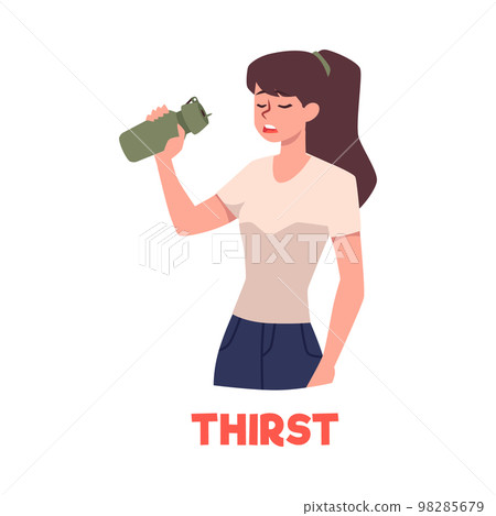 Thirsty person drinking water from bottle, flat vector illustration isolated on white background. 98285679