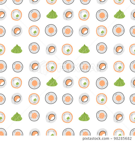 Seamless pattern of Traditional japanese sushi and rolls, wasabi isolated on white background. Seamless pattern of Traditional japanese sushi and rolls, wasabi isolated on white background. 98285682
