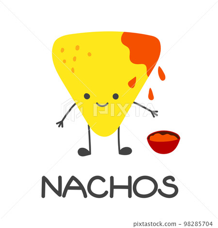 Chips Nachos character with a cup of tomato salsa. Mexican flat vector illustration Chips Nachos character with a cup of tomato salsa. Mexican flat vector illustration 98285704