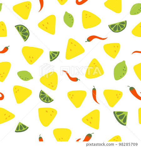 Vector seamless pattern of traditional Mexican food. National street fast food. Nachos, chili pepper and lime Vector seamless pattern of traditional Mexican food. National street fast food. Nachos, chili pepper and lime 98285709