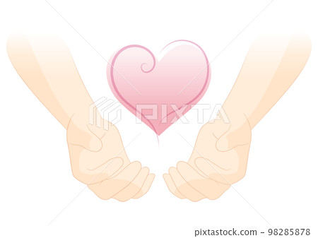 雙手擺出一個姿勢，提供、接受並包裹一顆粉紅色的心 98285878