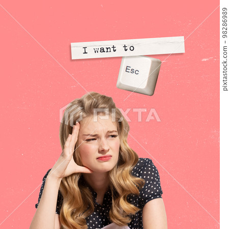 Annoyed woman thinking about her personal problems. Contemporary art collage. Retro, vintage style. Minimalism. Emotions, feelings, social network, communication, relationship Annoyed woman thinking about her personal problems. Contemporary art collage. Retro, vintage style. Minimalism. Emotions, feelings, social network, communication, relationship 98286989