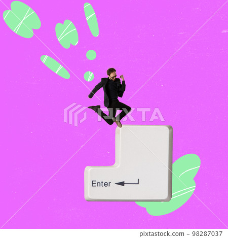 Contemporary art collage. Man jumping on huge keyboard button enter. Retro, vintage style. Old-fashioned and modern technology. Social network, communication. Banner Contemporary art collage. Man jumping on huge keyboard button enter. Retro, vintage style. Old-fashioned and modern technology. Social network, communication. Banner 98287037