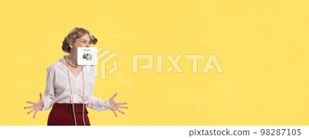 Young girl shouting. Mute mode. Contemporary art collage. Retro, vintage style. Minimalism. Banner. Social network, communication, relationship Young girl shouting. Mute mode. Contemporary art collage. Retro, vintage style. Minimalism. Banner. Social network, communication, relationship 98287105