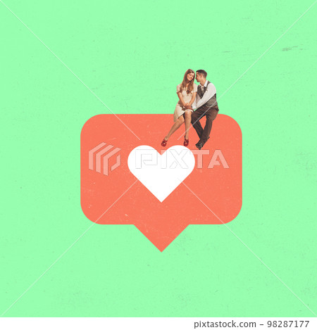 Contemporary art collage. Couple in love sitting on huge red sign. Retro, vintage style. Minimalism. Old-fashioned and modern technology. Social network, communication, relationship Contemporary art collage. Couple in love sitting on huge red sign. Retro, vintage style. Minimalism. Old-fashioned and modern technology. Social network, communication, relationship 98287177