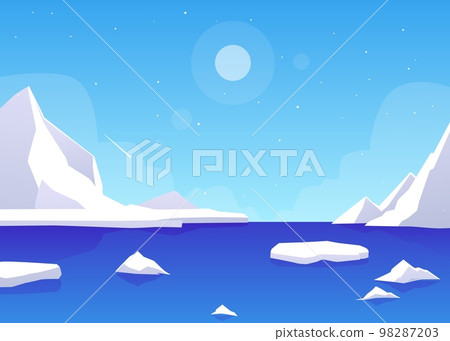 Arctic or Antarctic polar landscape with icebergs in the sea, flat vector. 98287203