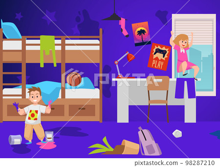 Hyperactive naughty children make a mess and get dirty their room flat vector. 98287210