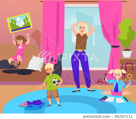 Naughty kids make a mess and upset mother in room, flat vector illustration. Naughty kids make a mess and upset mother in room, flat vector illustration. 98287212
