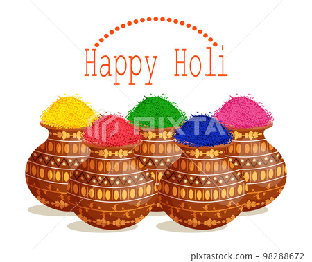 Happy Holi, the spring festival of colors, paints in India. Jugs with paints and congratulatory text. Banner, postcard, vector Happy Holi, the spring festival of colors, paints in India. Jugs with paints and congratulatory text. Banner, postcard, vector 98288672