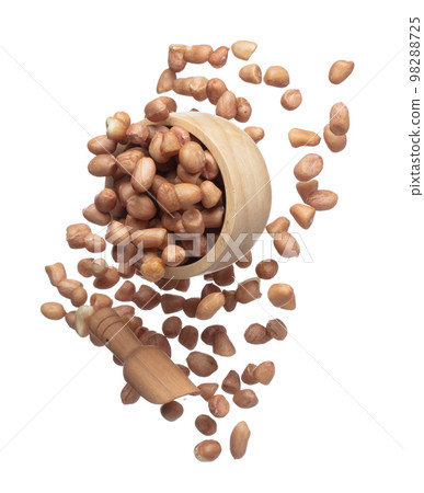 Peanut flying in wood bowl, brown grain peanuts throw abstract float. Beautiful complete seed pea peanut bowl splash in air, food object design. White background isolated high speed shutter freeze 98288725