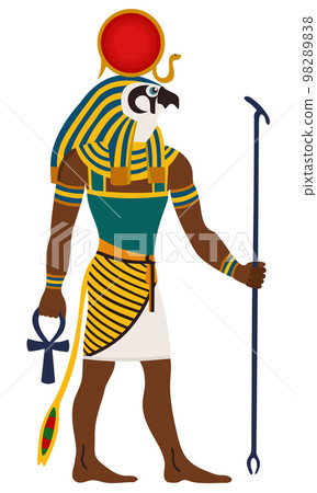 Ancient Egypt. Ra, God of the sun. Man with the head of a falcon, sailing in a boat. Vector illustration isolated on white background. Ancient Egypt. Ra, God of the sun. Man with the head of a falcon, sailing in a boat. Vector illustration isolated on white background. 98289838