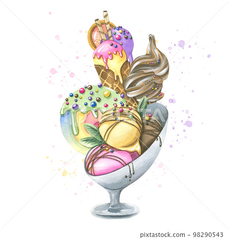 Various ice cream in waffle cones, popsicles, balls with confectionery sprinkles, topping. Watercolor illustration. Composition from the ICE CREAM collection. For the design and design of menus. 98290543