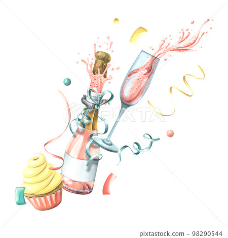 A bottle and a glass of pink champagne with cupcake, confetti and streamers. Watercolor illustration. A composition from the HAPPY BIRTHDAY collection. For the decoration and design of greetings. 98290544