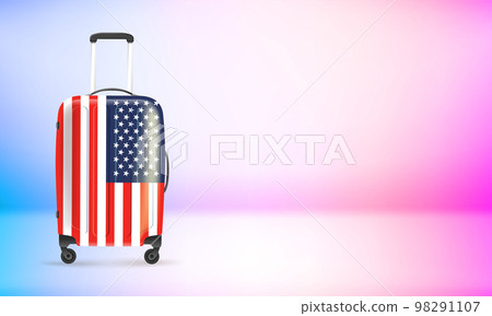 Plastic suitcase with USA flag. 3d vector banner with copy space Plastic suitcase with USA flag. 3d vector banner with copy space 98291107