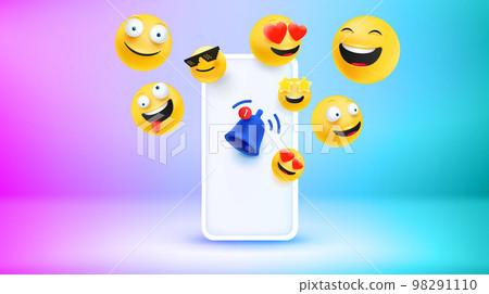Modern smartphone with emojis. New messages concept. Vector 3d banner 98291110
