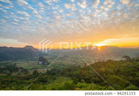 The scenery of Phu Lung ka forest park during the sunrise located in Phayao province of Thailand. The scenery of Phu Lung ka forest park during the sunrise located in Phayao province of Thailand. 98291155