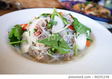 spicy salad or noodles salad, Thai spicy salad or vermicelli and minced pork salad or vermicelli salad 98291246