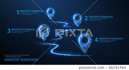 Roadmap. Infographic with four pin icons and curves that indicate route. Company evolution diagram, growth graph, education process infographic, journey timeline, year plan, Roadmap. Infographic with four pin icons and curves that indicate route. Company evolution diagram, growth graph, education process infographic, journey timeline, year plan, 98291494