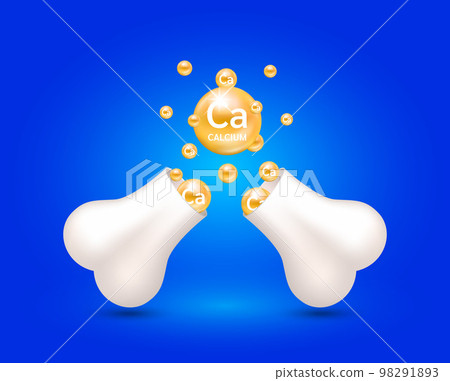 Calcium float out of the bone capsule. Help heal arthritis knee joint, pain in leg. Healthy bones on blue background. Used for nutrition products food template design. 3D Vector EPS10. 98291893
