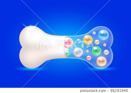 Healthy bones. Minerals Calcium Zinc Magnesium and Vitamins inside bone capsule. Help heal arthritis knee joint. Used for nutrition products food template design. 3D Vector EPS10. 98291940