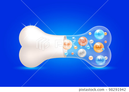 Healthy bones. Minerals Calcium Zinc Magnesium and Vitamin E inside bone capsule. Help heal arthritis knee joint. Used for nutrition products food template design. 3D Vector EPS10. 98291942