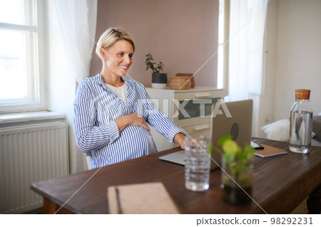 Pregnant woman having home office in her apartment. 98292231