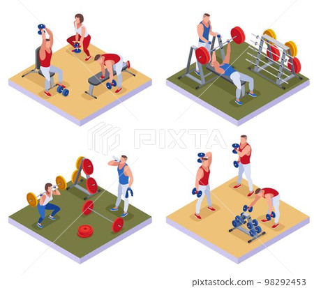 odybuilders in the gym 2X2 illustration isometric icons on isolated background 98292453