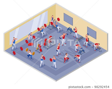 Bodybuilders in the gym illustration isometric icons on isolated background Bodybuilders in the gym illustration isometric icons on isolated background 98292454