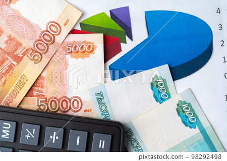 Financial chart with Russian rubles money stack with calculator. Currency appreciation concept 98292498