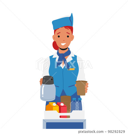 Stewardess in Blue Uniform with Meals on Tray Serving Passenger Isolated on White Background. Mealtime in Airplane Stewardess in Blue Uniform with Meals on Tray Serving Passenger Isolated on White Background. Mealtime in Airplane 98292829
