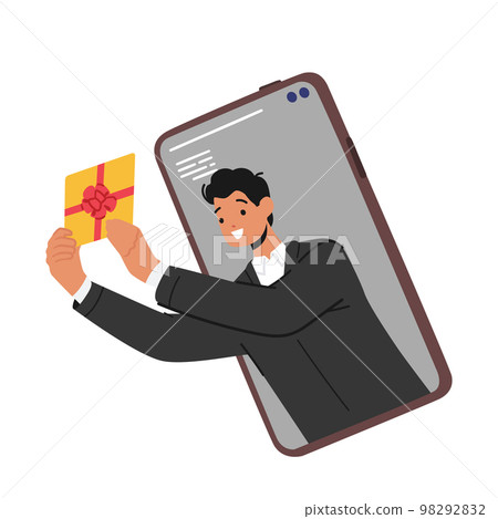 Male Character Holding Gift Coupon on Huge Smartphone Screen, Social Spam, Loyalty Program, Bonus, Profits and Ads Male Character Holding Gift Coupon on Huge Smartphone Screen, Social Spam, Loyalty Program, Bonus, Profits and Ads 98292832