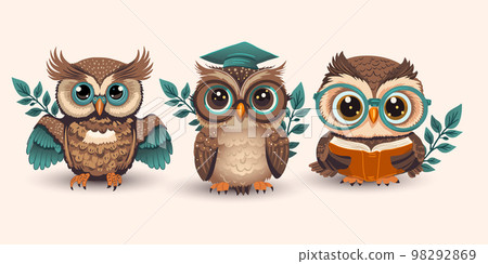 Cute cartoon owl in glasses set with a book, smart student kids collection, teacher student bird funny animal. 98292869