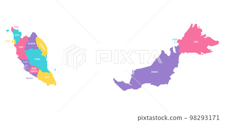 Malaysia political map of administrative divisions - states and federal territories. Colorful vector map with labels. Malaysia political map of administrative divisions - states and federal territories. Colorful vector map with labels. 98293171