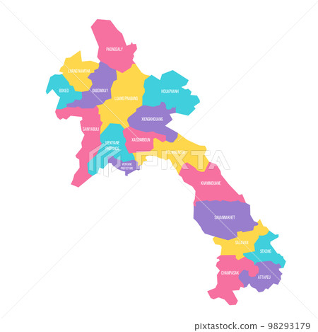 Laos political map of administrative divisions - provinces and prefecture of Vientiane. Colorful vector map with labels. Laos political map of administrative divisions - provinces and prefecture of Vientiane. Colorful vector map with labels. 98293179