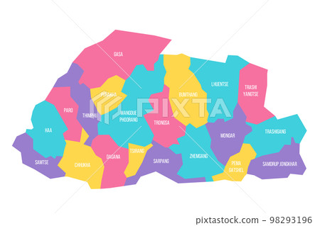 Bhutan political map of administrative divisions - districts. Colorful vector map with labels. 98293196