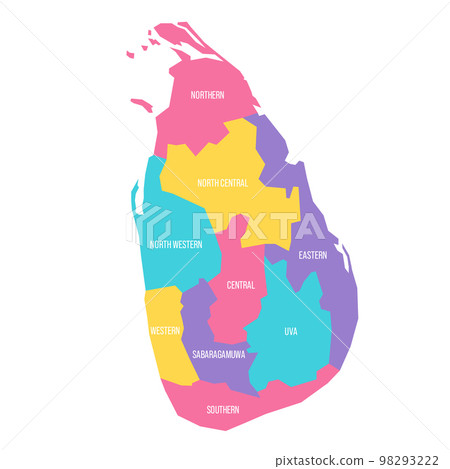 Sri Lanka political map of administrative divisions - provinces. Colorful vector map with labels. Sri Lanka political map of administrative divisions - provinces. Colorful vector map with labels. 98293222