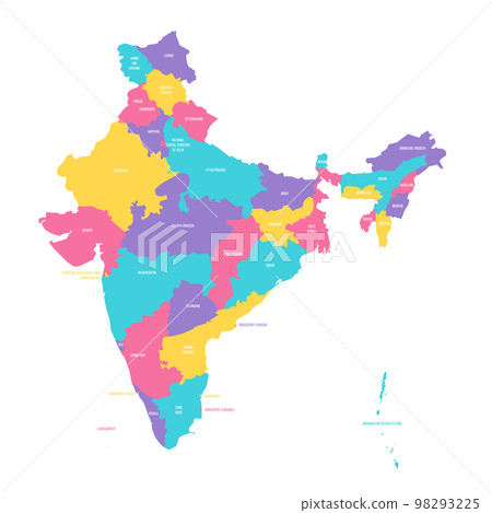 India political map of administrative divisions - states and union teritorries. Colorful vector map with labels. India political map of administrative divisions - states and union teritorries. Colorful vector map with labels. 98293225