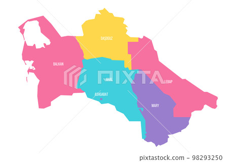 Turkmenistan political map of administrative divisions - regions and capital city district of Ashgabat. Colorful vector map with labels. 98293250
