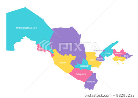 Uzbekistan political map of administrative divisions - regions, autonomous republic of Karakalpakstan and independent city of Tashkent. Colorful vector map with labels. Uzbekistan political map of administrative divisions - regions, autonomous republic of Karakalpakstan and independent city of Tashkent. Colorful vector map with labels. 98293252