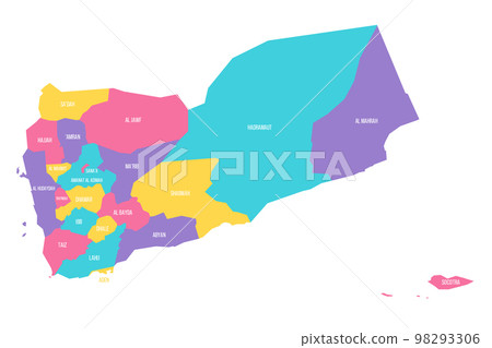 Yemen political map of administrative divisions - governorates and municipality of Sanaa. Colorful vector map with labels. Yemen political map of administrative divisions - governorates and municipality of Sanaa. Colorful vector map with labels. 98293306
