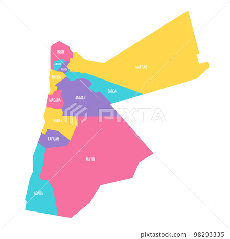 Jordan political map of administrative divisions - governorates. Colorful vector map with labels. 98293335