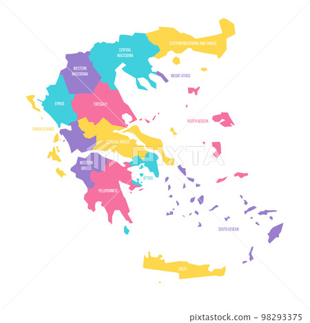 Greece political map of administrative divisions - decentralized administrations and autonomous monastic state of Mount Athos. Colorful vector map with labels. Greece political map of administrative divisions - decentralized administrations and autonomous monastic state of Mount Athos. Colorful vector map with labels. 98293375