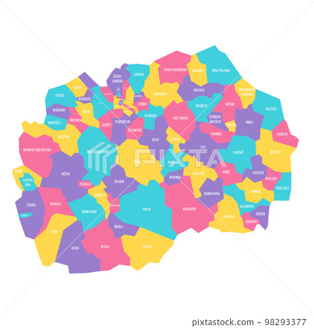 North Macedonia political map of administrative divisions - municipalities. Colorful vector map with labels. 98293377
