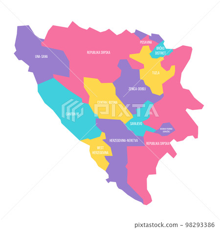 Bosnia and Herzegovina political map of administrative divisions - cantons of Federation of Bosnia and Herzegovina and Republika Srpska. Colorful vector map with labels. 98293386