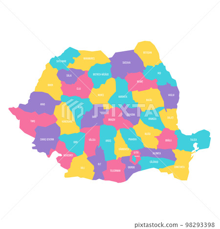 Romania political map of administrative divisions - counties and autonomous municipality of Bucharest. Colorful vector map with labels. 98293398