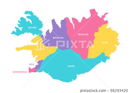 Iceland political map of administrative divisions - regions. Colorful vector map with labels. 98293420