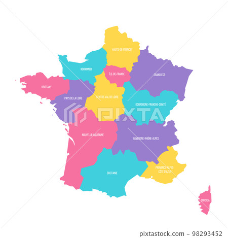 France political map of administrative divisions - regions. Colorful vector map with labels. France political map of administrative divisions - regions. Colorful vector map with labels. 98293452