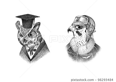 Scientist owl character in a hat. Peregrine falcon pilot with glasses. Hand drawn fashionable bird 98293484