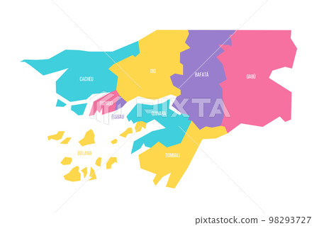Guinea-Bissau political map of administrative divisions - regions and autonomous sector of Bissau. Colorful vector map with labels. Guinea-Bissau political map of administrative divisions - regions and autonomous sector of Bissau. Colorful vector map with labels. 98293727